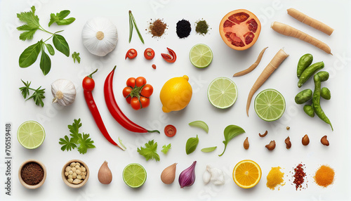 Fresh food and spiced veggies in the top view, isolated on a white background for cooking