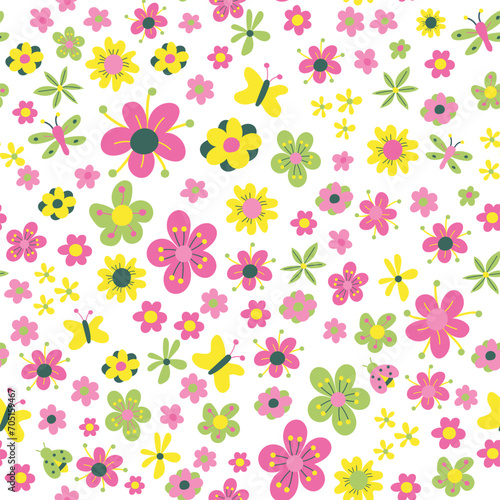 Seamless pattern bright colored summer flowers and leaves. Summer flowers on white background. The elegant the template for fashion prints. Modern floral background. Trendy style. Hand-drawn. 