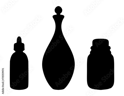 Silhouettes of Glass Bottles and Carafe. Vector illustration of Decanter and Flacons for Spa or medicine design painted by black inks on white backgrounds. Monochrome vintage Flagon for essential oil.