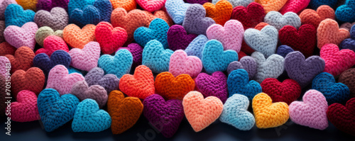 Colorful crochet hearts in various shades on a dark surface  a vibrant banner or background with crafting  Valentines day  love for knitting and hobbies concept.