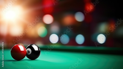 Dramatic Contrast on Billiard Table with Red and Black Eight Ball, Horizontal Poster or Sign with Open Empty Copy Space for Text 
 photo