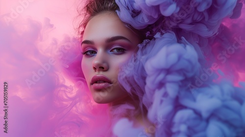 Young Woman with Striking Makeup in a Dreamlike Purple Haze