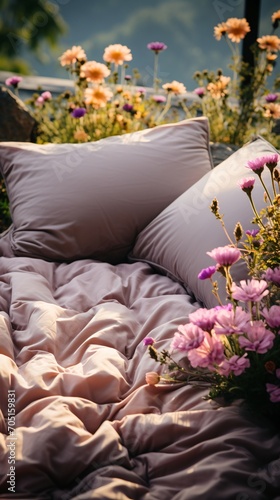 comfortable bed with pillows and flowers