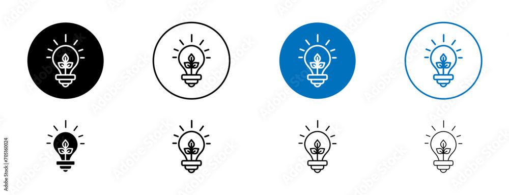 Sustainable Ecological Energy Line Icon Set. Lightbulb renewable save energy idea symbol in black and blue color.