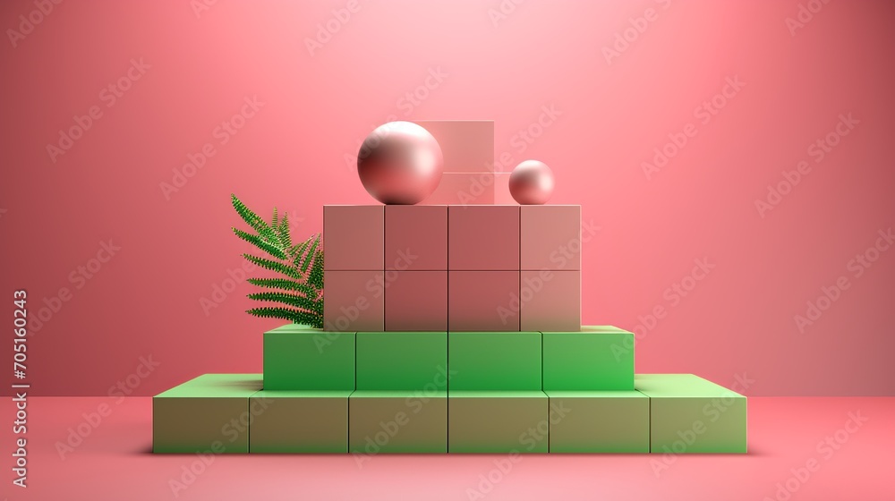 Three steps of pink podium square geometric design in sunlight, for luxurious and modern beauty on organic background Three steps of pink podium square geometric design in sunlight, for luxurious and modern beauty on organic background