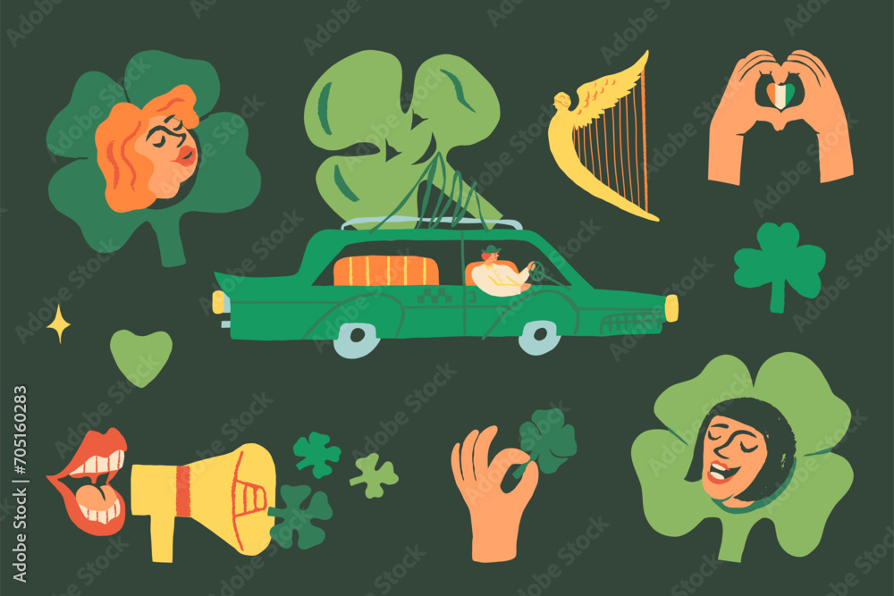 Fototapeta premium Saint Patrick's Day collection, St Patty sticker vector set. Luck symbols, people in shamrock costumes, hand holds four-leaf clover, hands do love sign with Ireland flag, luck delivery car, Irish harp