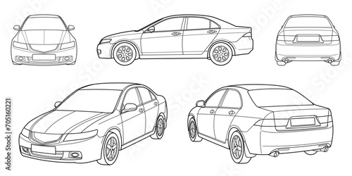 Set of classic sedan car. Different five view shot - front, rear, side and 3d. Outline doodle vector illustration 