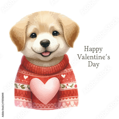 Watercolor Valentine's Day card, children's illustration with animal Dog.