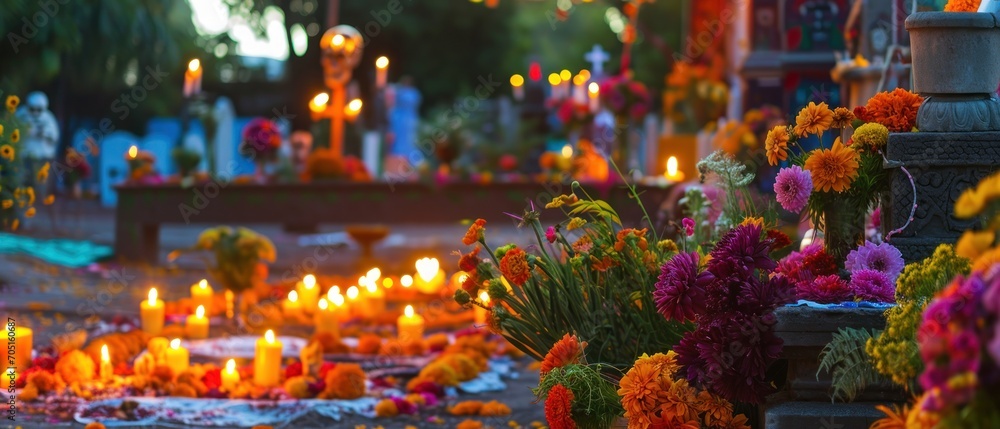 Day of the dead, Skull candle and flower in the cemetery. Day of the dead, Dia de los Muertos, Mexico. decorated cemetery  for mexican traditional holiday  Día de los Muertos - Day of the dead.