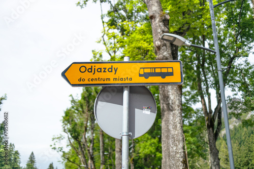 Fototapeta Naklejka Na Ścianę i Meble -  Bus directional signs for travel tourist at mountain in Zakopane, Poland