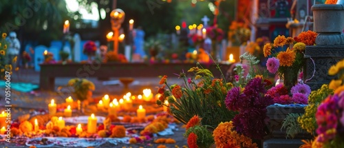 Day of the dead, Skull candle and flower in the cemetery. Day of the dead, Dia de los Muertos, Mexico. decorated cemetery for mexican traditional holiday Día de los Muertos - Day of the dead.