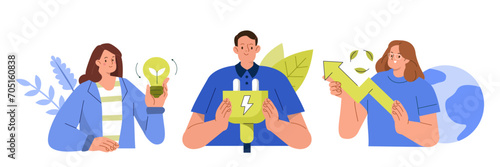 Green electricity concept illustration. Collections of men and women characters showing benefits of sustainable economic growth with renewable energy resources. Flat vector illustrations set.