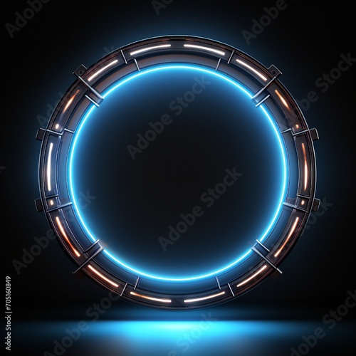 Glowing metal circle frame with lightning bolts coming out on black background Generative AI photo