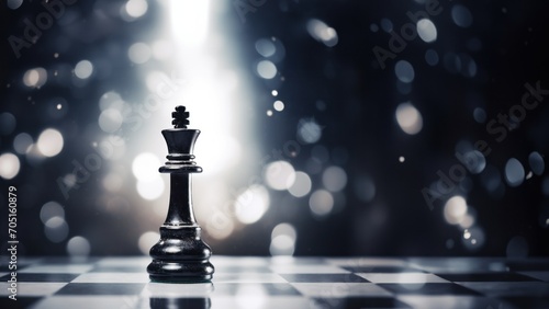 Solo King's Resilience: A Lonely Chess Piece Against Bokeh Lights, Horizontal Poster or Sign with Open Empty Copy Space for Text 