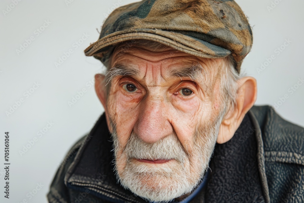 Weathered portrait of an elderly man with a lifetime of stories, white background Weathered portrait of an elderly man with a lifetime of stories, white background