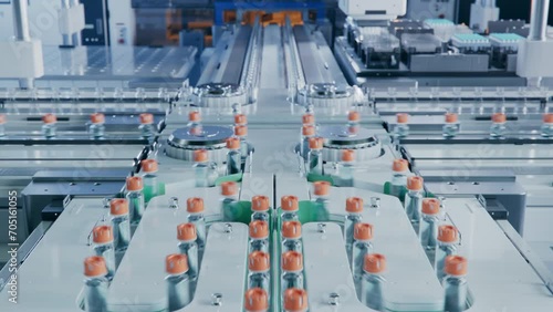 Wallpaper Mural Medication Manufacturing Process. Fast Moving Glass Vials With Orange Caps on Conveyor Belt. Medical Ampoule Production Line at Modern Modern Pharmaceutical Factory. Torontodigital.ca