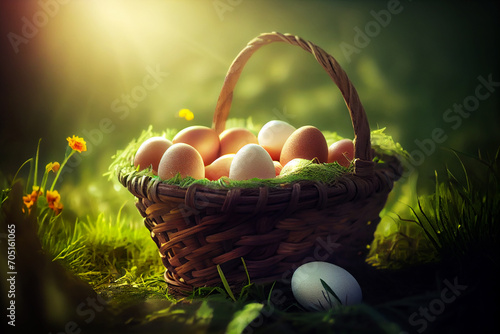 eaters eggs in a basket on a beautiful green meadow created with generative AI technology photo