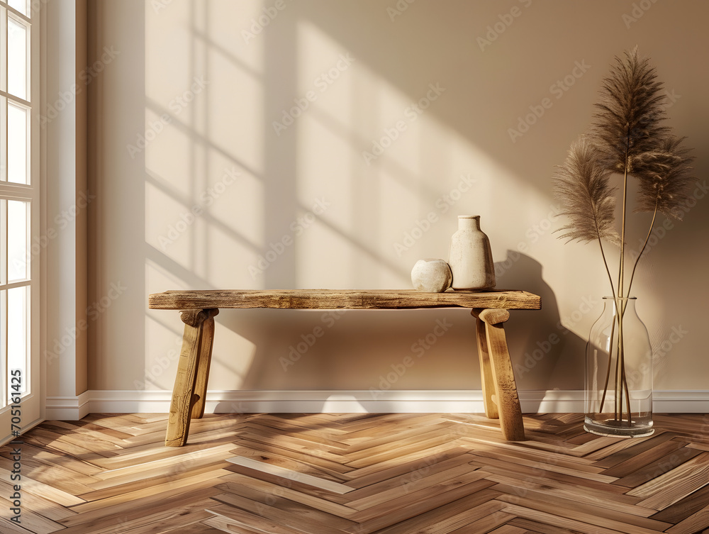 Wooden bench with parquet, white wall near the window. Generative AI Wooden bench with parquet, white wall near the window. Generative AI