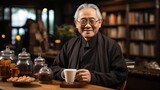 Portrait of a smiling Asian man drinking tea in a traditional tea shop