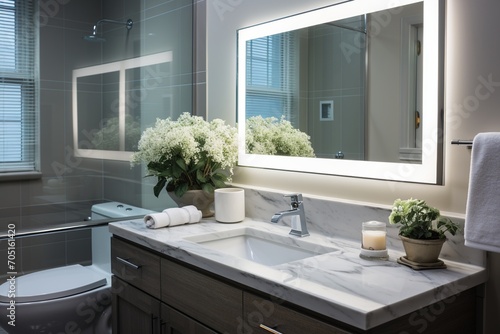 Modern bathroom interior with flowers and candles