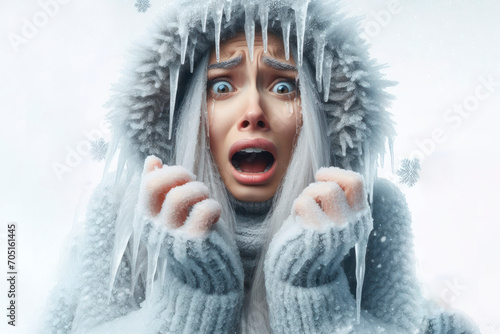 a frozen person, braving the icy conditions with a surprised expression on solid white background. ai generative