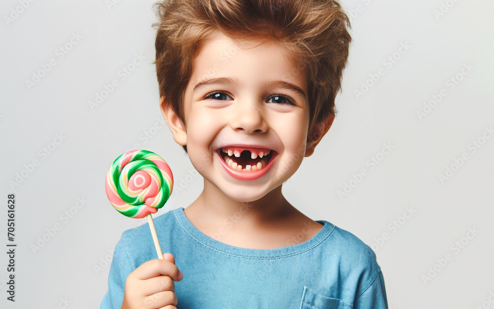 A young boy smiles with decayed teeth, holding a lollipop in his hand. The smile of a child with poor oral and dental health, white background.