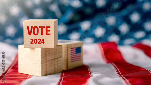 United States presidential election in 2024. Wooden cubes with text VOTE and 2024 over the American flag background.