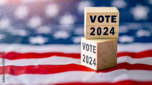 United States presidential election in 2024. Wooden cubes with text VOTE and 2024 over the American flag background.