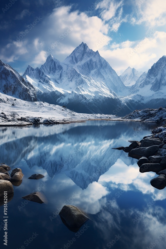 beautiful and crystalline lake where the snow-capped mountains are reflected