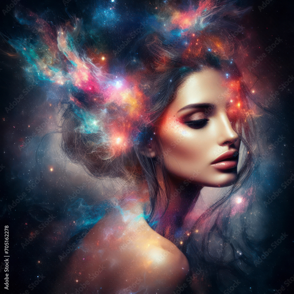 abstract portrait of a woman double exposure with a colorful digital paint splash or space nebula. ai generative abstract portrait of a woman double exposure with a colorful digital paint splash or space nebula. ai generative