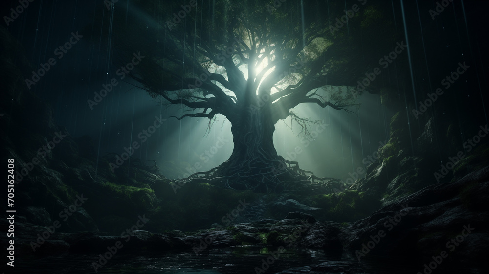 a bright light shines from the ancient dark tree, dark forest, dark cinematic shot