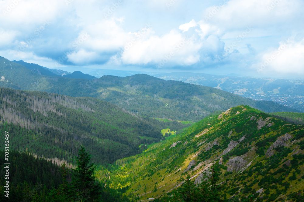 Naklejka premium Mountain panorama of the Tatra Mountains from Kasprowy Wierch (Kasper Peak) on a summer day in Poland