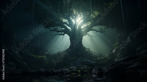 a bright light shines from the ancient dark tree  dark forest  dark cinematic shot
