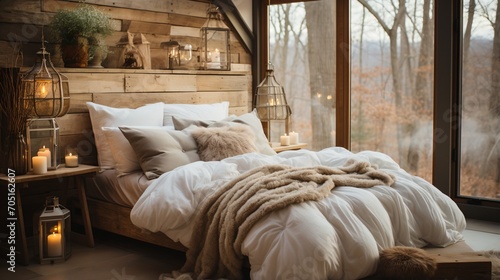 A cozy bedroom with a large bed and a view of the forest