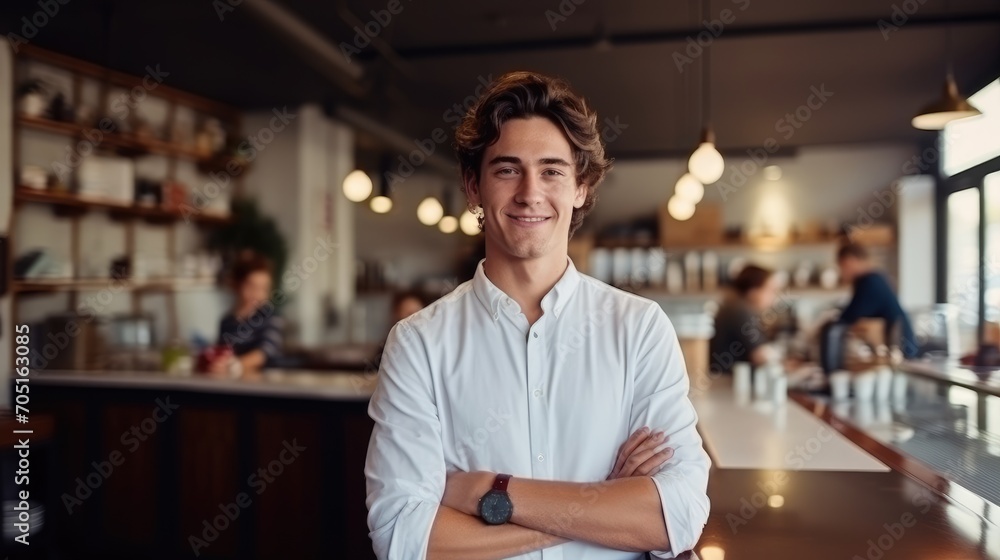 Obraz premium Male coffee shop business owner stands proudly happy in a cozy coffee shop. Small business owner.