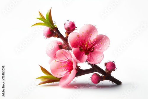 pink flower of peach or plum with water drops on isolated solid white background, wide angle shot. ai generative