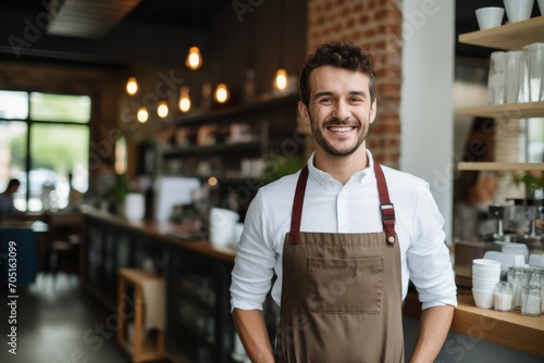 Male coffee shop business owner stands proudly happy in a cozy coffee shop. Small business owner. photo