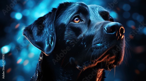 Close-up capture of a magical and glowing Ultra Instinct Mighty Black Labrador, designed to be a stunning wallpaper for black Labrador enthusiasts. 