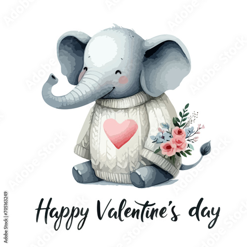 Watercolor Valentine's Day card, children's illustration with animal elephant.