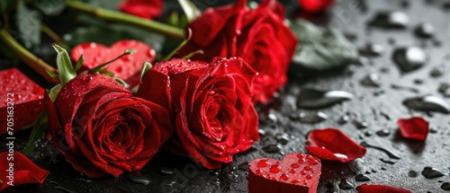 Romantic Red Roses With Heartshaped Gift Boxes And Water Droplets