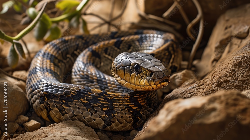 Fototapeta premium Desert snake reptile sunbathing and heating wallpaper background