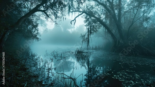 Dark mist fogy forest swamp nature wallpaper background photo
