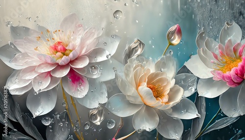 Abstract pattern of flower with water drops on wet glass