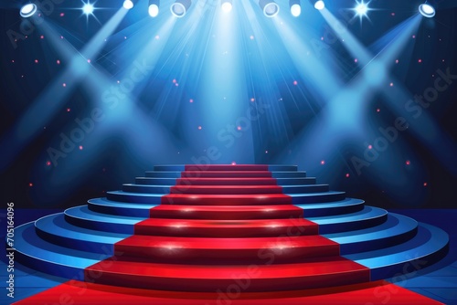 Illustration Of Stage Podium With Red Carpet For Fashion Show Spotlight On Stage, Blue Background, Exhibition Space Illustration photo