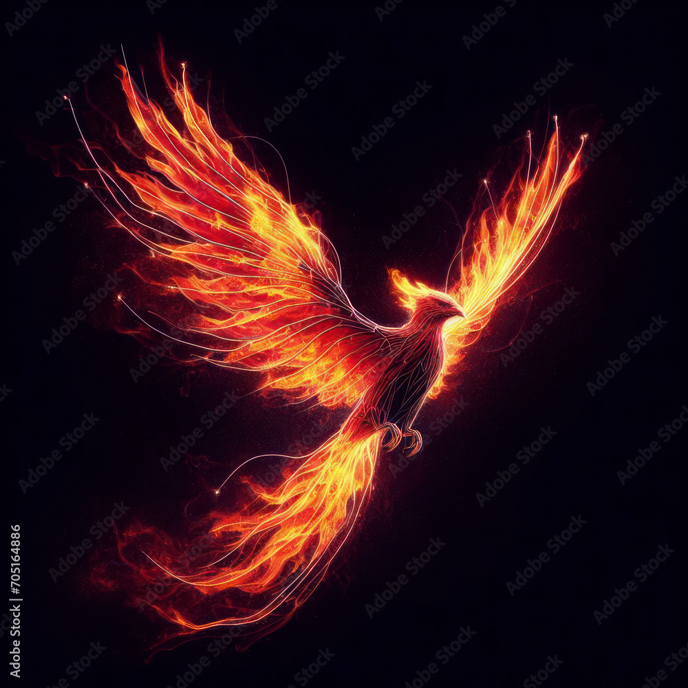 Fototapeta premium photo collage of flying red burning bird phoenix with wire wings rebirth close up on black background. ai generative