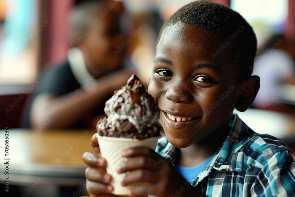 Happiness African Boy Eats Chocolate Ice Cream In Diner