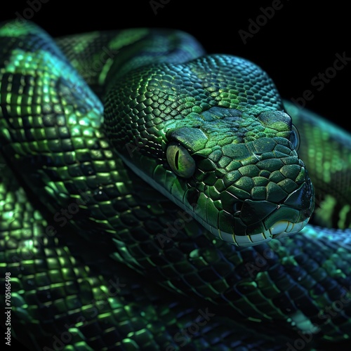 a green snake with black background