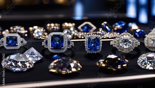 Blue diamond and white diamonds jewellery design , luxury diamonds background, sapphire gemstone, macro diamonds, Modern Jewelry 