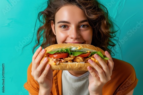 Yearold Woman Eats Sub Sandwich On Turquoise Background