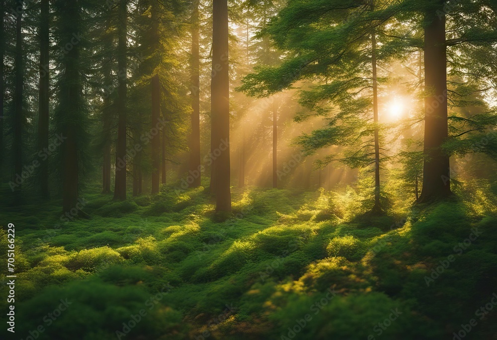 Obraz premium Idyllic forest at sunrise stock photoForest Nature Tree Backgrounds Green